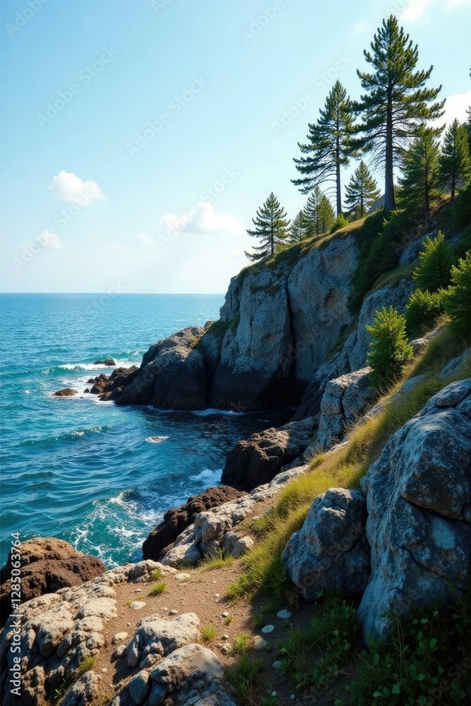 Fototapeta premium Rocky outcrops and trees near Roosevelt Point, rocky terrain, vegetation