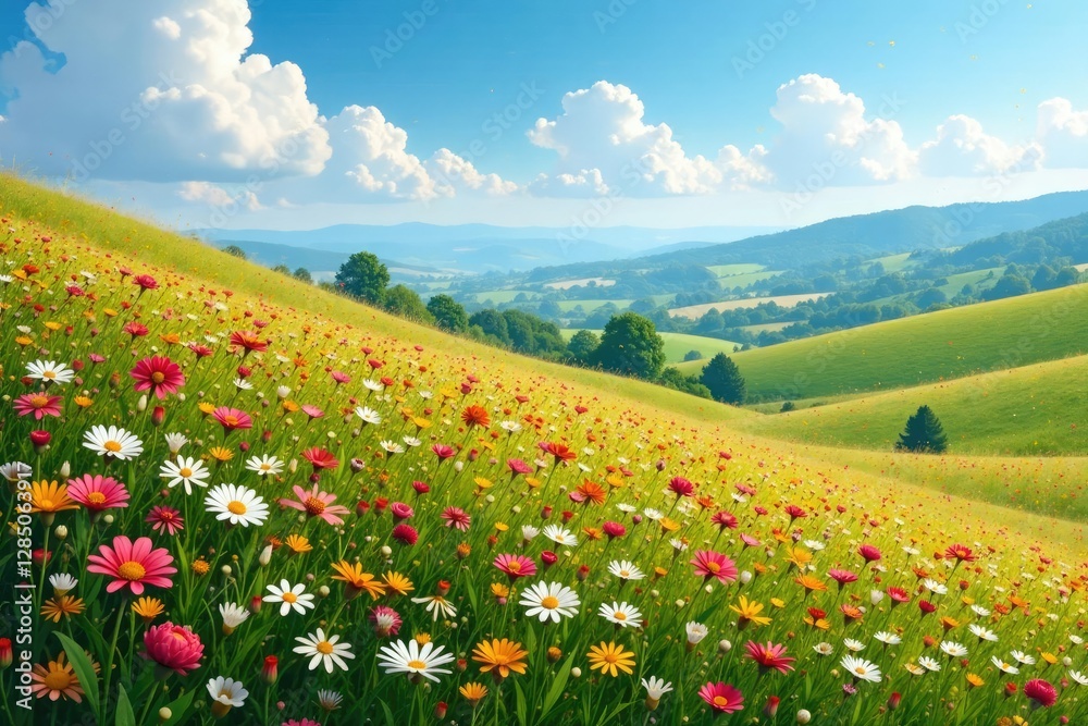 Rolling hills covered with a blanket of colorful wildflowers, flower landscape, rolling hills, colorful flowers Rolling hills covered with a blanket of colorful wildflowers, flower landscape, rolling hills, colorful flowers