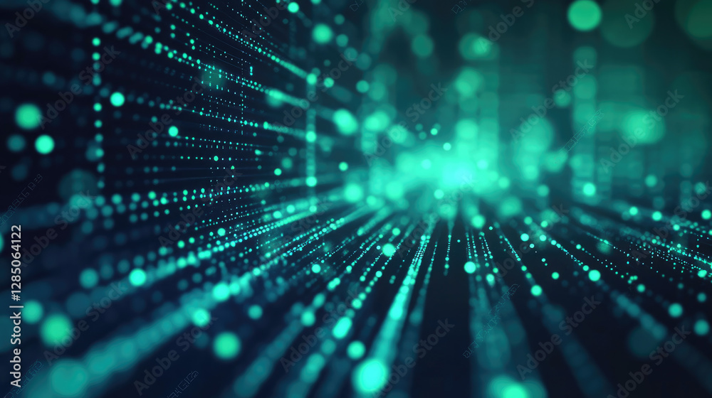 Abstract background with green glowing rays and bokeh dots. Big data concept. Vector for banner. Green tech wallpaper.