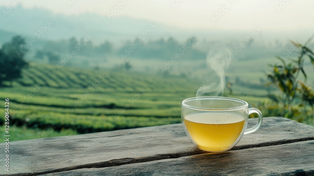 Fresh Green Tea in Transparent Cup with Scenic Tea Plantation View Fresh Green Tea in Transparent Cup with Scenic Tea Plantation View
