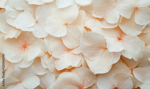 Delicate White Hydrangea Petals with Orange Speckles and Water Droplets