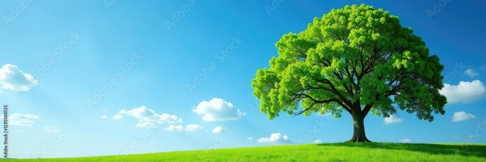 Obraz premium verdant tree branches stretch towards the clear blue sky, landscape, green, scenery
