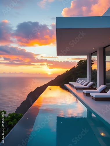 Luxury modern villa with infinity pool overlooking the ocean at sunset, featuring sleek architecture, breathtaking views, and a peaceful ambiance, perfect for relaxation and retreat

