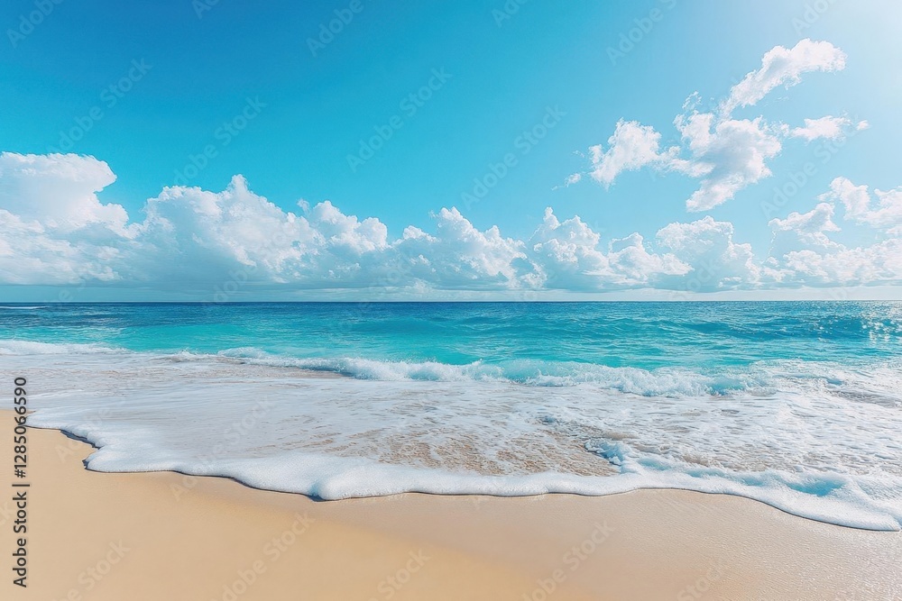 Wide Shot Of Tropical Beach With Turquoise Water And Sunny Sky Wide Shot Of Tropical Beach With Turquoise Water And Sunny Sky