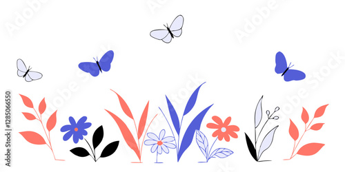 Diseño con flores y mariposas minimalista en azul y coral - Arte decorativo moderno