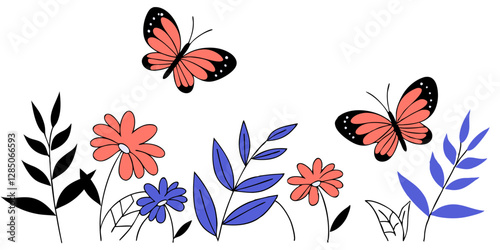 Diseño con flores y grandes mariposas minimalista en azul y coral - Arte decorativo moderno