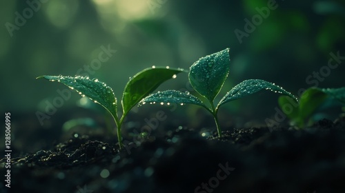 Macro Shot of Fresh Green Leaves Emerging from Soil in Nature