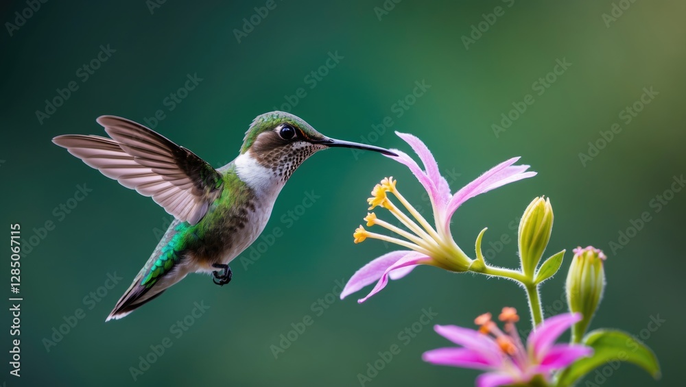 Naklejka premium Zoomed-in image of an Anna's Hummingbird sipping nectar from a flower against a soft green backdrop.