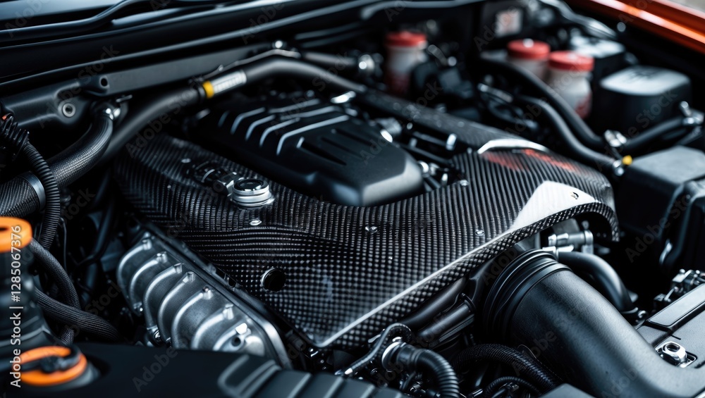 Intricate view of automotive engine featuring a carbon fiber component Intricate view of automotive engine featuring a carbon fiber component