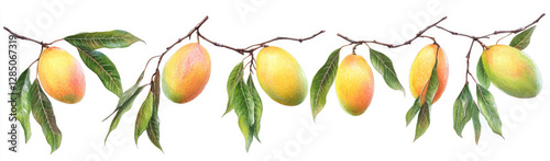 Set of branches with delicious, ripe mangoes, isolated on a white background