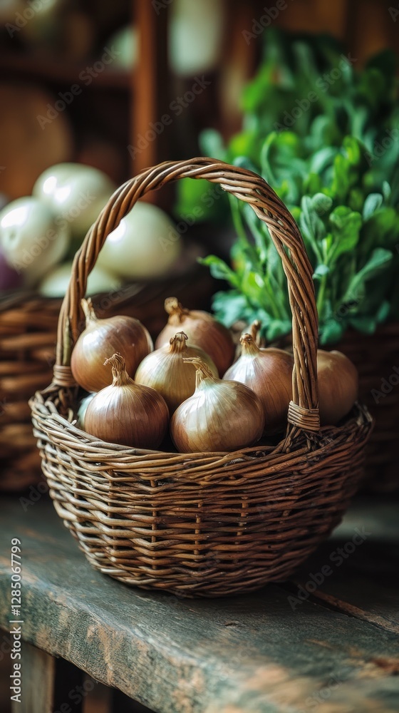 Rustic wicker basket filled with freshly harvested onions sits on wooden table next to other vegetables. Rustic wicker basket filled with freshly harvested onions sits on wooden table next to other vegetables.
