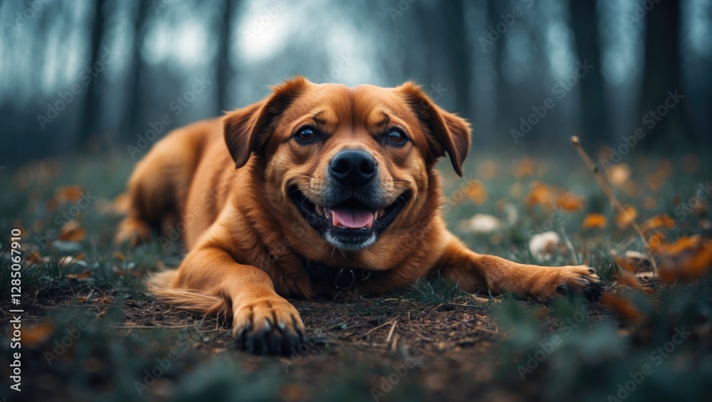 Fototapeta premium Joyful brown dog resting on its back