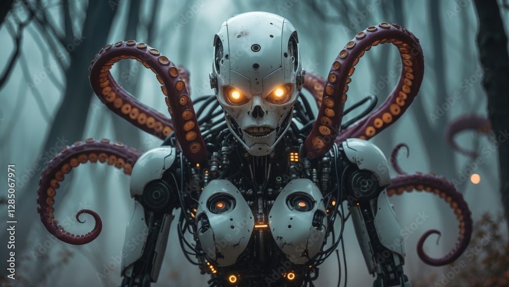 Cybernetic Halloween creature with tentacles designed by artificial intelligence. Cybernetic Halloween creature with tentacles designed by artificial intelligence.