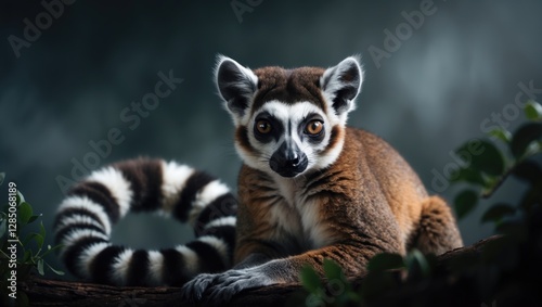Lemur Catta with Ringed Tail. Individual Lemur Looking Straight at the Camera