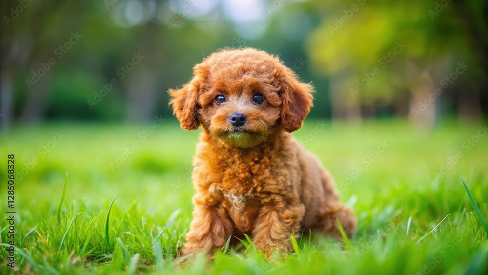 A playful red toy poodle puppy sitting on a lush green grass with its legs bent under body , grass, pet, grass, pet, cute A playful red toy poodle puppy sitting on a lush green grass with its legs bent under body , grass, pet, grass, pet, cute