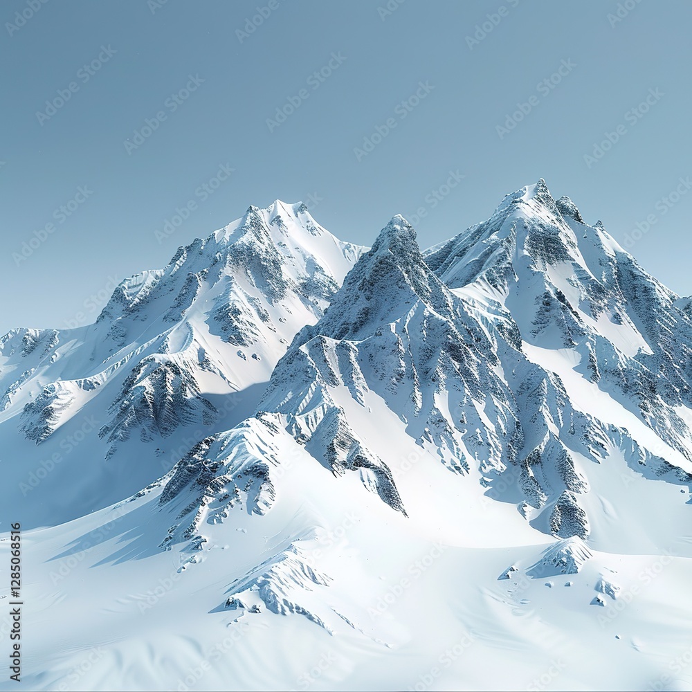 Obraz premium Majestic snow-covered mountains rise against a clear blue sky, showcasing the beauty of nature's peaks and pristine winter scenery.