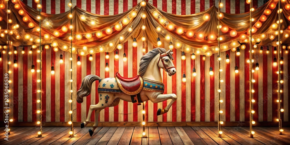 Obraz premium Vibrant striped canvas walls adorned with twinkling string lights and a vintage-style carousel horse centerpiece, playful