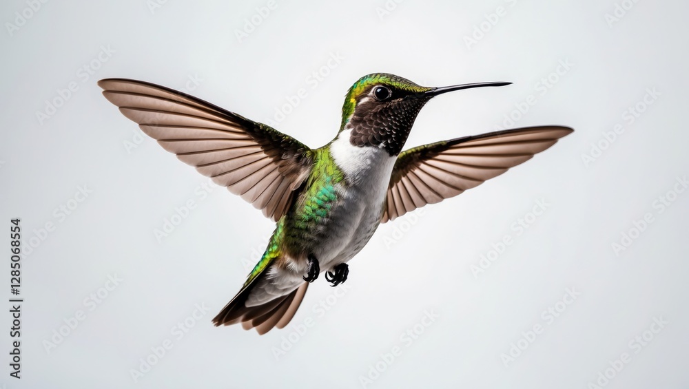 Fototapeta premium Female Anna's hummingbird soaring with wings extended to the sides, oriented to the left against a light backdrop.