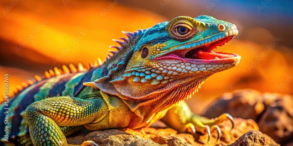 Obraz premium Colorful reptile with vibrant scales and sharp teeth basking in warm sunlight on a rocky terrain, scale, colorful lizard