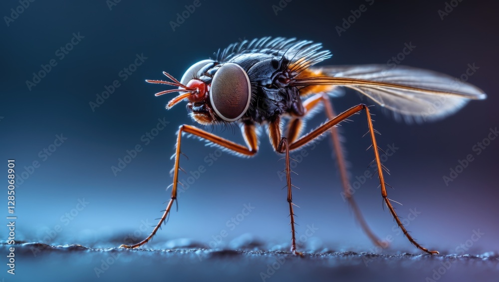 Fototapeta premium Highly detailed and sharp close-up of a Long-legged fly (Dolichopodidae), showcasing its clear eyes and face. This insect is native to Thailand and was captured using advanced macro photography tec...