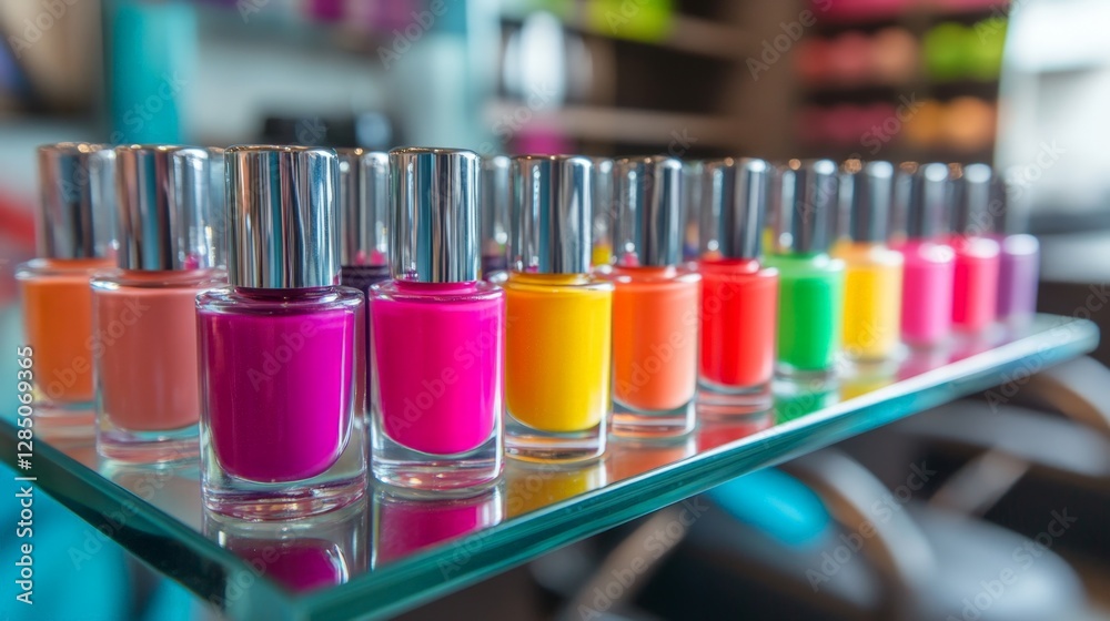 A row of colorful nail polish bottles on a glass shelf. The bottles are arranged in a rainbow pattern, with each bottle containing a different color. Concept of creativity and self-expression A row of colorful nail polish bottles on a glass shelf. The bottles are arranged in a rainbow pattern, with each bottle containing a different color. Concept of creativity and self-expression