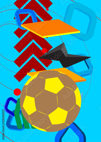 Football Ball geometrical graphic retro theme background. Minimal geometric elements. Vintage abstract shapes vector illustration.