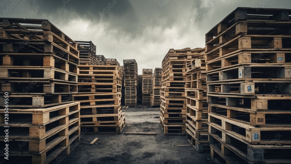 Piles of vacant wooden pallets at a construction site