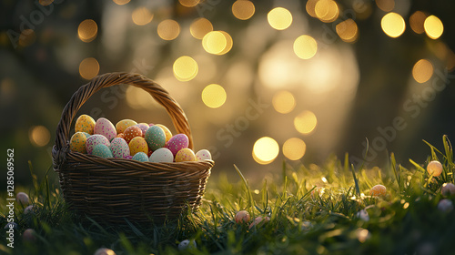 wicker basket filled with colorful Easter eggs in sunlit garden