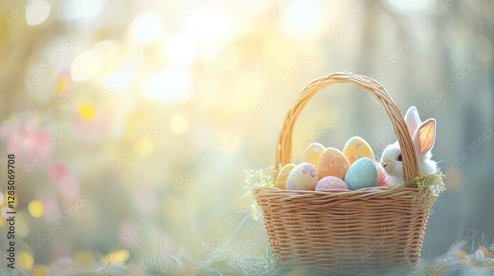 wicker Easter basket filled with colorful eggs and bunny wicker Easter basket filled with colorful eggs and bunny