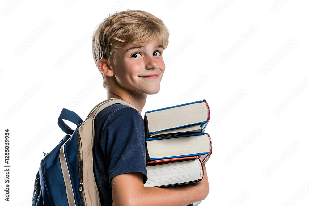 Young Student Boy with Backpack Carrying Textbooks Smiling at Camera in Bright Studio Background Young Student Boy with Backpack Carrying Textbooks Smiling at Camera in Bright Studio Background