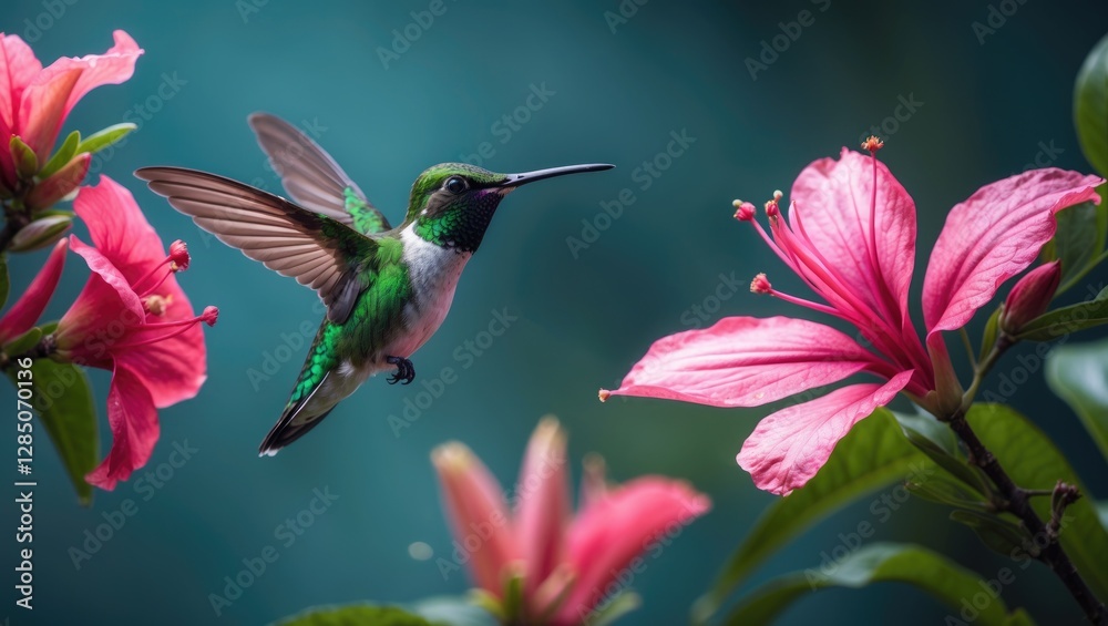 Fototapeta premium Green-breasted Mango Hummingbird hovering beside pink blossoms. Tropical bird in its natural environment, Costa Rica. Small bird among vibrant pink flowers. Nature exploration in South America.