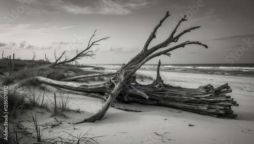 Boneyard Beach Driftwood in Black and White 3 captures a moody coastal scene featuring decaying trees on Jacksonville, Florida's Boneyard Beach, situated within Big Talbot Island. photo