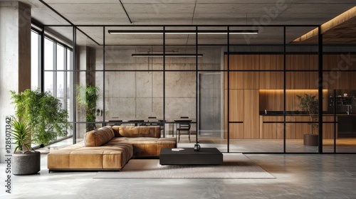 Modern loft apartment interior with glass partition separating living and dining areas, featuring a leather sectional sofa, wooden cabinetry, and large windows.