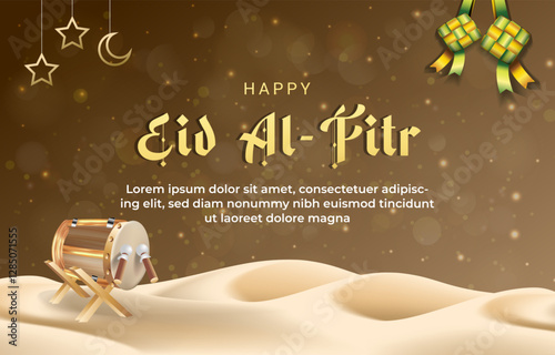 happy eid al fitr template banner with beautiful islamic ornament with brown background design 04