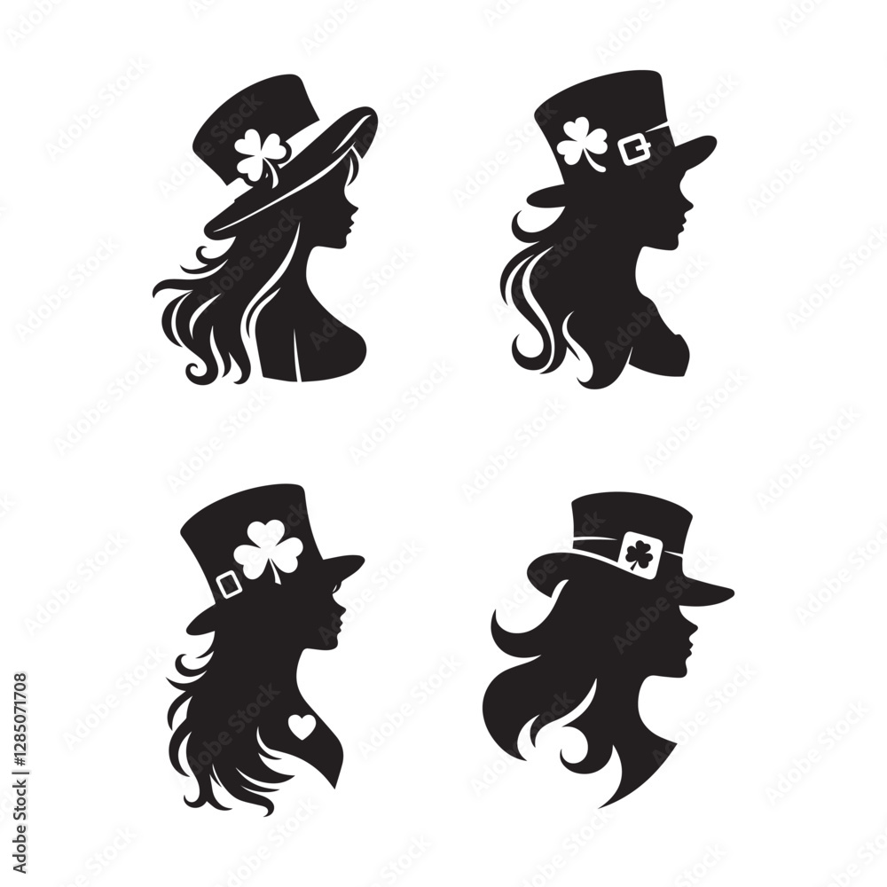 Set of girl wearing leprechaun hat silhouette. St Patrick s Day logo icon. Set of girl wearing leprechaun hat silhouette. St Patrick s Day logo icon.