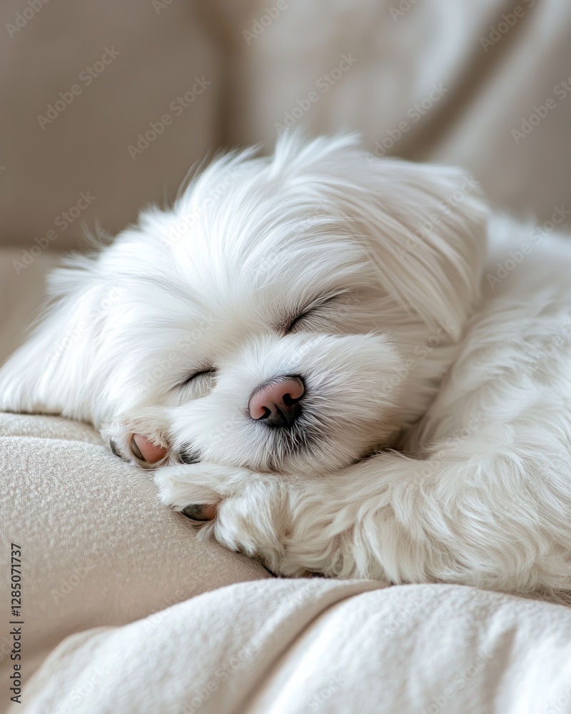 Adorable white fluffy dog peacefully sleeping on a soft beige cushion. Adorable white fluffy dog peacefully sleeping on a soft beige cushion.