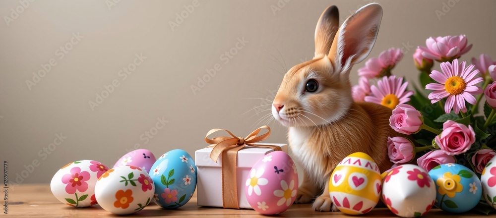 Easter Bunny with Eggs and Flowers, a Springtime Tabletop