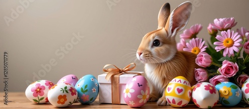 Easter Bunny with Eggs and Flowers, a Springtime Tabletop