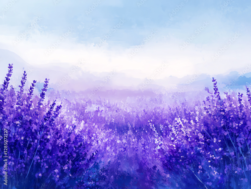 Naklejka premium Lavender field under a serene blue sky.