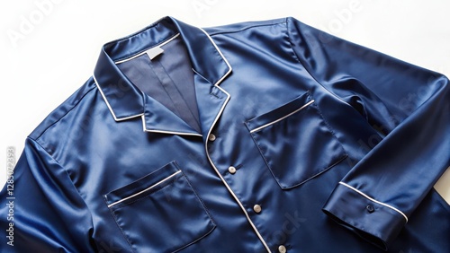 Luxurious navy blue silk pyjama close-up with soft wrinkles, comfortable fabric, soft wrinkles
