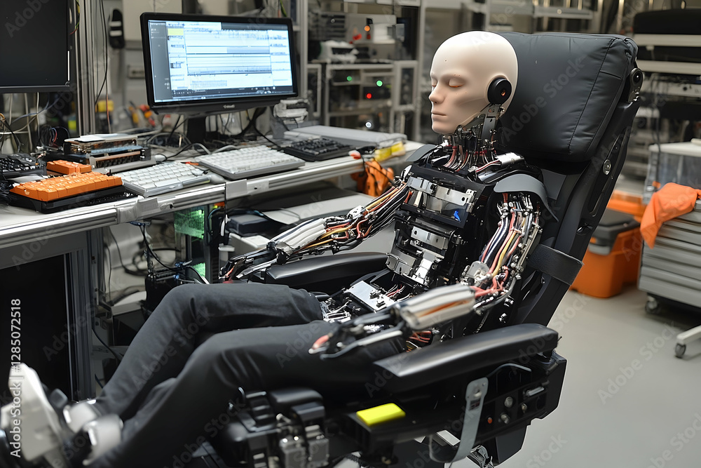 Fototapeta premium Futuristic slumber, android dreams amidst technological complexity