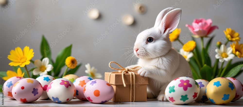 White Easter Bunny with Gift, Pastel Eggs, and Colorful Flowers, Festive Springtime Scene with Rabbit, Decorated Eggs, and Floral Accents