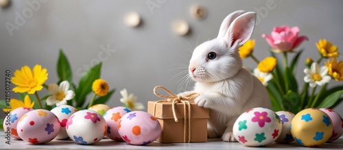Obraz na płótnie White Easter Bunny with Gift, Pastel Eggs, and Colorful Flowers, Festive Springtime Scene with Rabbit, Decorated Eggs, and Floral Accents w salonie