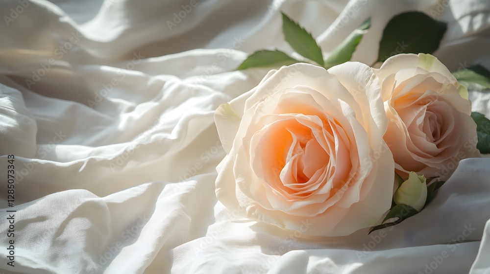 Beautiful peach roses resting on a white draped fabric surface Beautiful peach roses resting on a white draped fabric surface