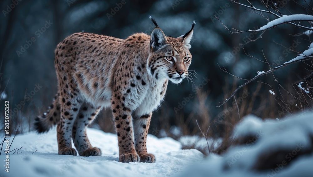 Obraz premium A large lynx remains alert in a snowy winter landscape.