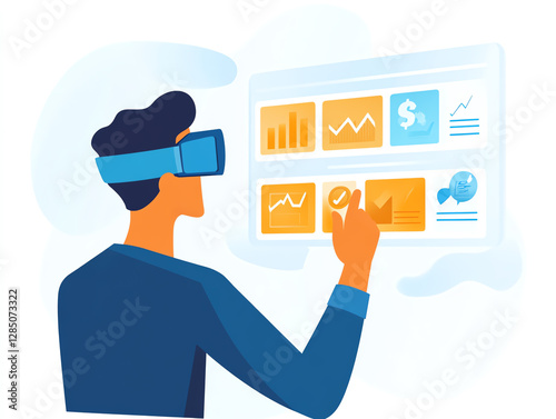 Man using VR headset with digital interface.