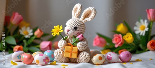 Crocheted Easter Bunny with Gift, Pastel Eggs, and Flowers, Festive Springtime Scene with Handmade Rabbit, Decorated Eggs, and Floral Accents