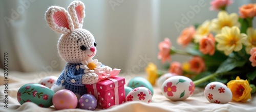 Crocheted Easter Bunny with Gift, Pastel Eggs, and Flowers, Festive Springtime Scene with Handmade Rabbit, Decorated Eggs, and Floral Accents