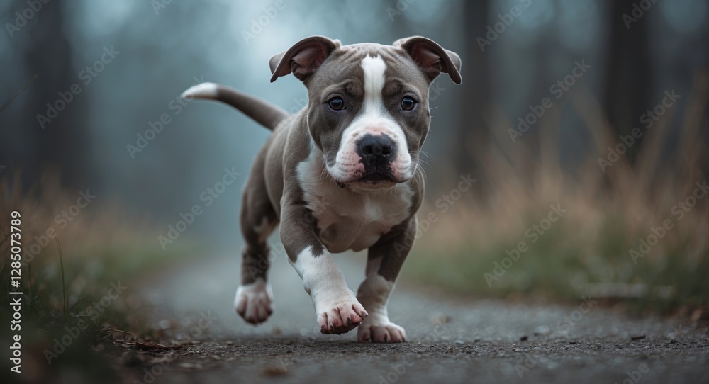 Adorable American Pit Bull puppy dashes forward Adorable American Pit Bull puppy dashes forward
