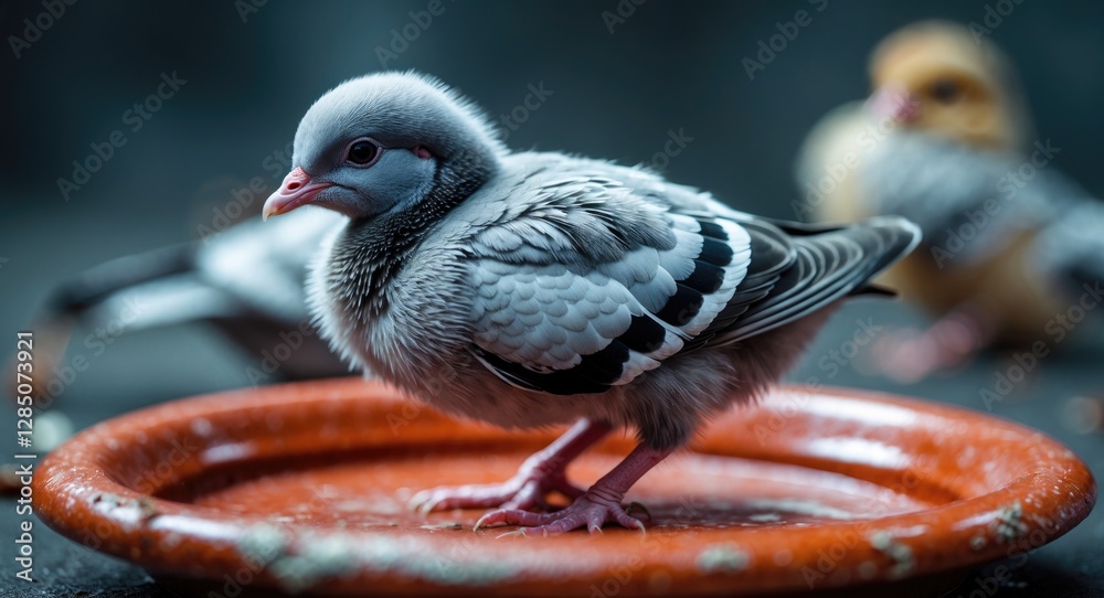 Fototapeta premium Intimate shot of a young pigeon chick standing on a red clay plate